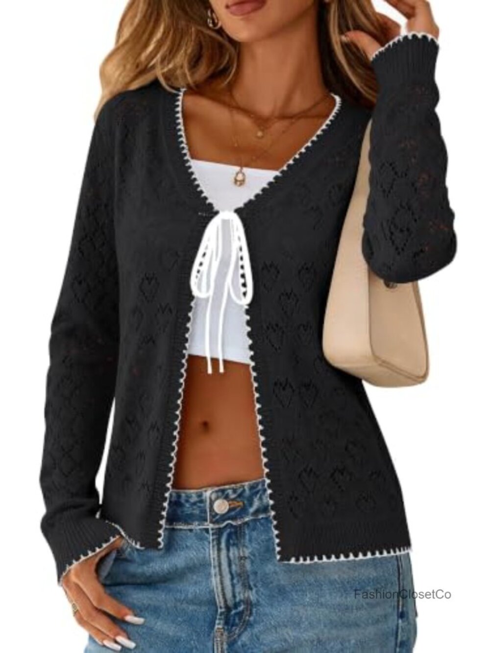 Pointelle Knit Tie Front Crop Cardigan Long Sleeve Open Front Sweater